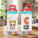 Personalized Cartoon Kid Childlike Doodles 12 oz Insulated Water Bottle with Name Initial and Straw Back to School Birthday Gift for Boys Girls