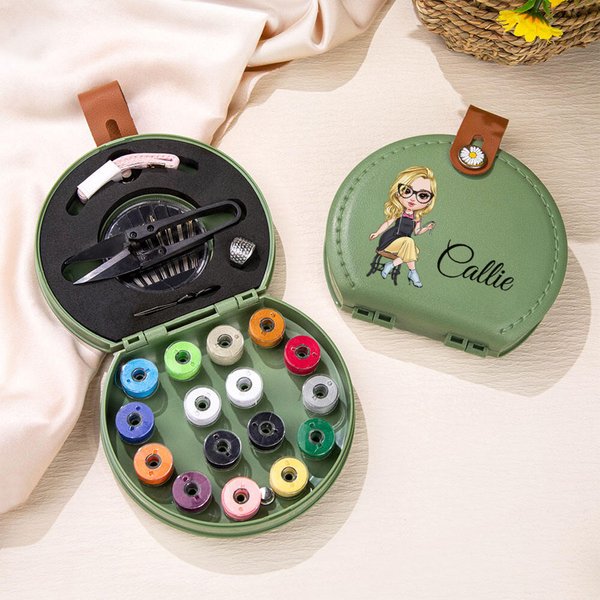 Personalised Cartoon Sewing Character Portable Name Sewing Kit Set Storage Box with Stitching Tools Supplies Birthday Gift for Tailor Sewing Lover
