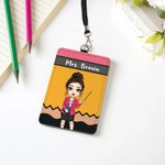 Personalised Cartoon Character Teacher ID Card PU Leather Badge Holder Lanyard Teacher's Day Back to School Gift for Teacher