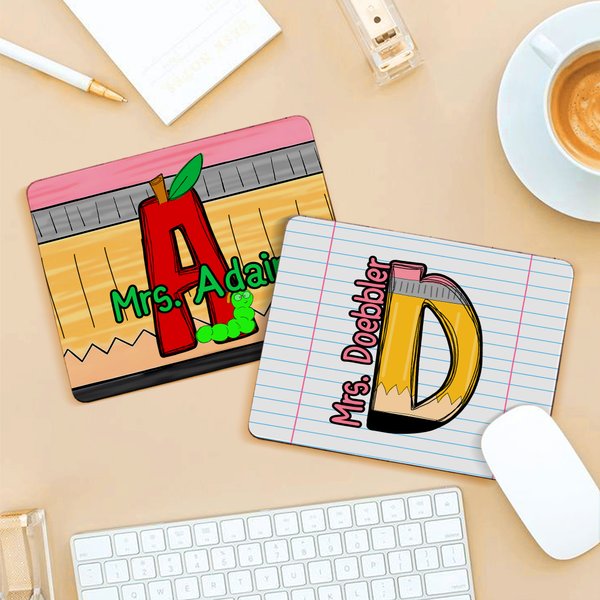 Personalised Pencil Apple Paper Teacher Theme Mouse Pad with Initial and Text Back to School Teacher's Day Appreciation Gift for Teacher