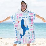 Personalized Cartoon Sea Animal Word Cloud Quick Dry Kid Hooded Beach Towel with Name Beach Essentials Summer Vacation Birthday Gift for Boys Girls
