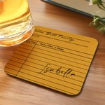 Personalised Vintage Library Card Design PU Leather Coaster with Name Author and Title Birthday Gift for Student Office Worker Book Enthusiast