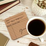 Personalised Vintage Library Card Design PU Leather Coaster with Name Author and Title Birthday Gift for Student Office Worker Book Enthusiast