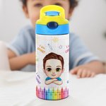 Personalized Cartoon Kid Childlike Doodles 12 oz Insulated Water Bottle with Name Initial and Straw Back to School Birthday Gift for Boys Girls
