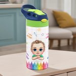 Personalized Cartoon Kid Childlike Doodles 12 oz Insulated Water Bottle with Name Initial and Straw Back to School Birthday Gift for Boys Girls