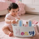 Panier de rangement personnalisé avec nom et oreilles de lapin en coton 100% tissé Cadeau de fête, d'anniversaire et de douche pour bébé et enfant