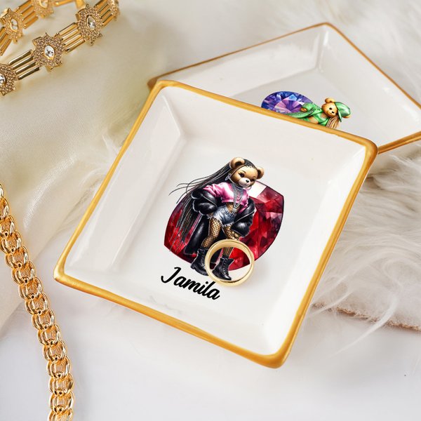 Personalized Hip-Hop Girl Teddy Bear Ceramic Jewellery Dish with Birthstone and Name Home Decor Birthday Gift for Black Queen Rapper Hip-Hop Lovers