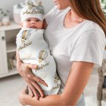 Personlig fly fly varmluftsballong sky swaddle teppe og knutehatt sett med navn bursdag baby shower gave til nyfødte babyer