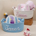 Panier de rangement personnalisé avec nom et oreilles de lapin en coton 100% tissé Cadeau de fête, d'anniversaire et de douche pour bébé et enfant