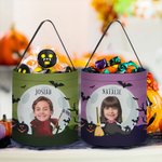 Personalized Face Photo Wizard Mummy Vampire Trick or Treat Bag Sweets Bucket with Name Halloween Party Favors Gift for Boys Girls