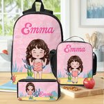 Personalizzato Personaggi dei cartoni animati multicolore Zaino Borsa per il pranzo Portamatite con nome Regalo di compleanno per bambini e bambine