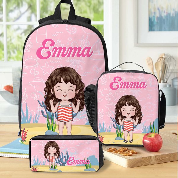 Personalizzato Personaggi dei cartoni animati multicolore Zaino Borsa per il pranzo Portamatite con nome Regalo di compleanno per bambini e bambine