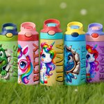 Personalized Dinosaur Fantasy Unicorn Name 12 oz Kid Insulated Water Bottle with Handle and Silicone Straw Birthday Back To School Gift for Boy Girl