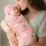 Personlig fly fly varmluftsballong sky swaddle teppe og knutehatt sett med navn bursdag baby shower gave til nyfødte babyer