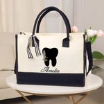 Personalised Birth Flower Tooth Black and White Large Canvas Tote Bag with Name Birthday Appreciation Gift for Women Dentists