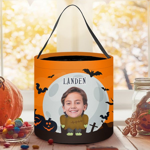 Personalized Face Photo Wizard Mummy Vampire Trick or Treat Bag Sweets Bucket with Name Halloween Party Favors Gift for Boys Girls
