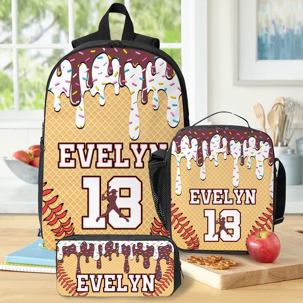 Gelato personalizzato che gocciola Baseball Zaino sportivo Borsa per il pranzo Astuccio per matite con nome e numero Regalo di ritorno a scuola per bambini studenti