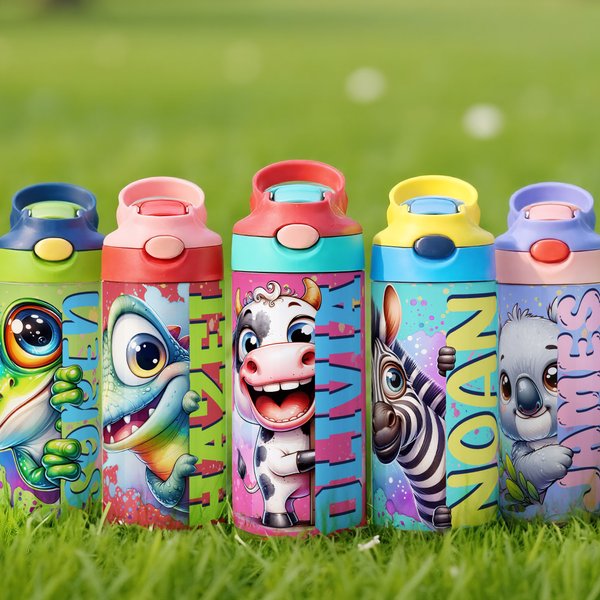 Personalized Cute Watercolor Animal 12 oz Kid Insulated Name Water Bottle with Handle and Silicone Straw Birthday Back to School Gift for Boys Girls