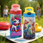 Personalized Dinosaur Fantasy Unicorn 12 oz Insulated Kid Water Bottle with Name Handle and Silicone Straw Birthday Back to School Gift for Kids