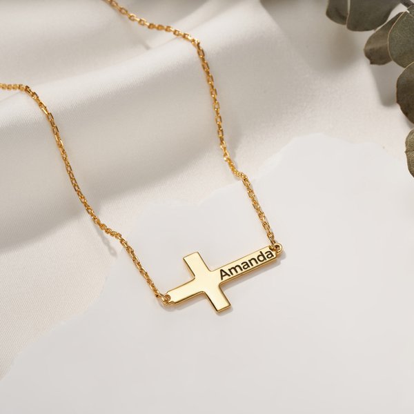 Personalised Cross Necklace with Engraved Text Dainty Jewellery Birthday Anniversary Baptism 1st Communion Gift for Christian Women