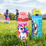 Personalized Dinosaur Fantasy Unicorn Name 12 oz Kid Insulated Water Bottle with Handle and Silicone Straw Birthday Back To School Gift for Boy Girl