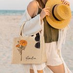 Personalised Birth Flower Large Beach Jute Tote Bag with Name Mother's Day Birthday Wedding Party Gift for Women
