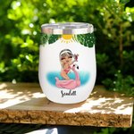 Personalised Cartoon Pool Girl Tanned and Tipsy 12 oz Wine Tumbler with Name Funny Summer Holiday Holiday Birthday Gift for Women
