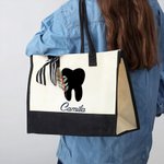 Personalised Birth Flower Tooth Black and White Large Canvas Tote Bag with Name Birthday Appreciation Gift for Women Dentists