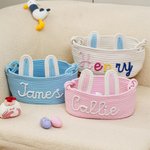 Panier de rangement personnalisé avec nom et oreilles de lapin en coton 100% tissé Cadeau de fête, d'anniversaire et de douche pour bébé et enfant
