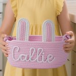 Panier de rangement personnalisé avec nom et oreilles de lapin en coton 100% tissé Cadeau de fête, d'anniversaire et de douche pour bébé et enfant