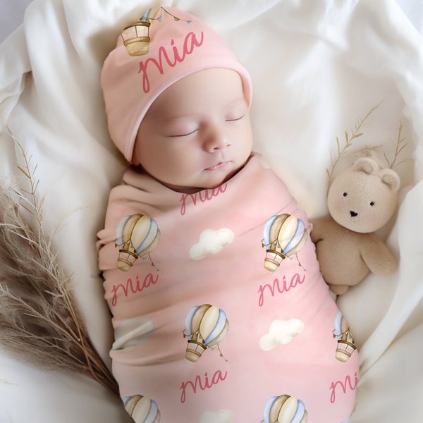Personlig fly fly varmluftsballong sky swaddle teppe og knutehatt sett med navn bursdag baby shower gave til nyfødte babyer