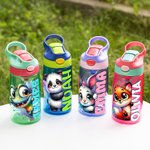 Personalised Forest Cartoon Animals 16 oz Kid Water Bottle with Name and Silicone Straw Back to School Birthday Gift for Boys Girls