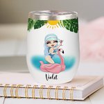 Personalised Cartoon Pool Girl Tanned and Tipsy 12 oz Wine Tumbler with Name Funny Summer Holiday Holiday Birthday Gift for Women
