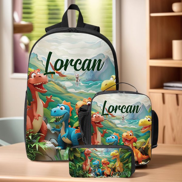 Personalised Cartoon Dinosaur Fantasy Unicorn Backpack Lunch Bag Pencil Case Set with Name Back to School Birthday Gift for Boys Girls