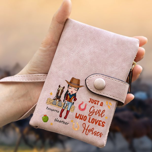Portefeuille triple en cuir PU personnalisé avec porte-carte et bracelet Cadeau d'anniversaire pour les femmes qui aiment les chevaux