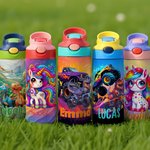 Personalized Dinosaur Fantasy Unicorn 12 oz Insulated Kid Water Bottle with Name Handle and Silicone Straw Birthday Back to School Gift for Kids
