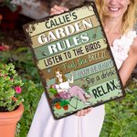 Personalized Garden Rules Cartoon Character Vertical Metal Sign with Name Garden Decor Birthday Housewarming Gift for Family Gardening Lovers