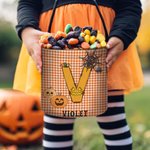 Personalized Spooky Pumpkin Witch Monster Bat Initial Grid Trick or Treat Bag Candy Bucket with Name Halloween Party Favors for Boys Girls