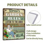 Personalized Garden Rules Cartoon Character Vertical Metal Sign with Name Garden Decor Birthday Housewarming Gift for Family Gardening Lovers