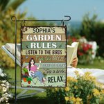 Personalized Garden Rules Cartoon Character Vertical Metal Sign with Name Garden Decor Birthday Housewarming Gift for Family Gardening Lovers