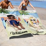Personlig tecknad figur snabb torkande strandhandduk med namn sommarlovs och strandfestnödvändigheter födelsedagspresent