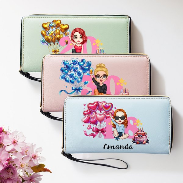 Personalizada Torta de Cumpleaños Globo de dibujos animados Chica PU Cartera de cuero con cremallera con el nombre del número y correa de muñeca Cumpleaños Aniversario Regalo para Niñas Mujeres
