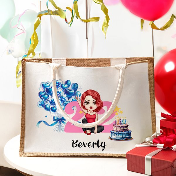 Sac en toile de jute avec nom et âge Cadeau d'anniversaire Cadeau de voyage pour filles Femmes