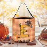 Personalized Spooky Pumpkin Witch Monster Bat Initial Grid Trick or Treat Bag Candy Bucket with Name Halloween Party Favors for Boys Girls