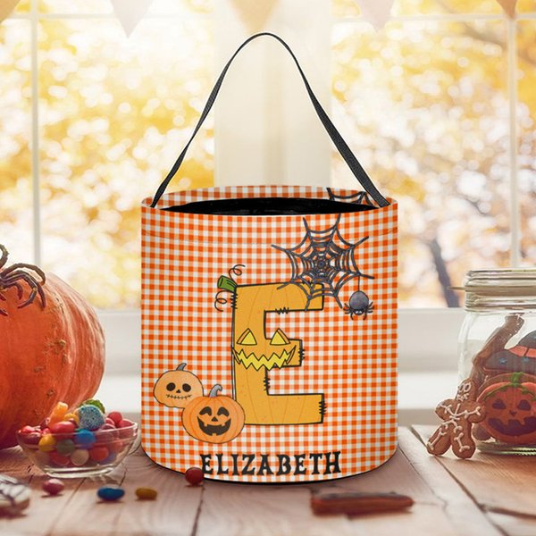 Personalized Spooky Pumpkin Witch Monster Bat Initial Grid Trick or Treat Bag Sweets Bucket with Name Halloween Party Favors for Boys Girls