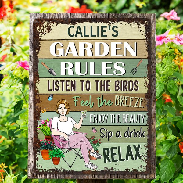 Personalized Garden Rules Cartoon Character Vertical Metal Sign with Name Garden Decor Birthday Housewarming Gift for Family Gardening Lovers
