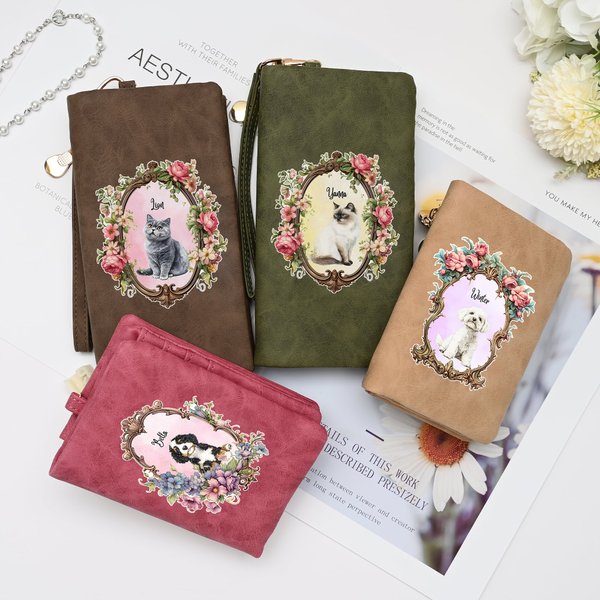 Spersonalizowany akwarelowy portret zwierzaka Vintage Floral Frame Skórzany portfel na rękę z imieniem i nazwiskiem oraz etui na karty Prezent urodzinowy dla kobiet Miłośniczka zwierząt