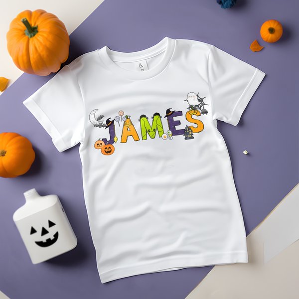 Personlig Söt Spöke Pumpa Alfabet 100% Bomull Barn T-shirt Baby Bodysuit med Namn Välkommen Halloween Kostym Julklapp för Barn