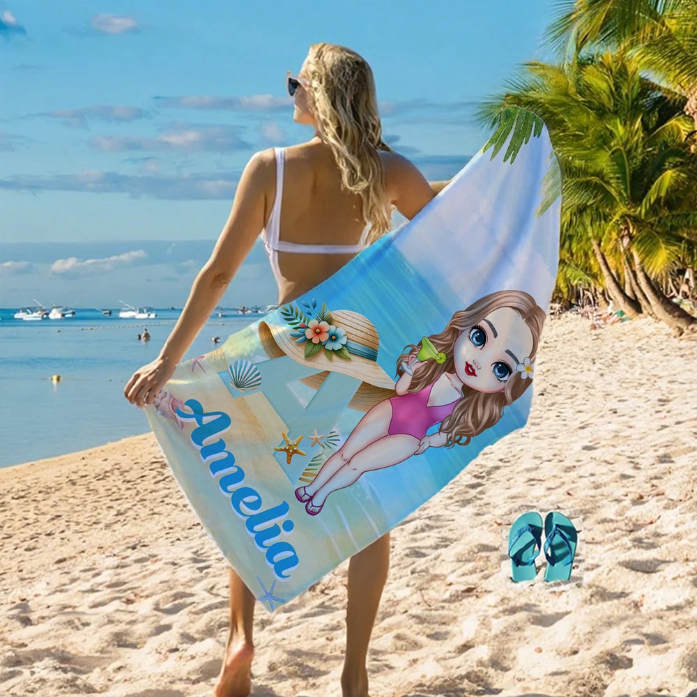 Personalisierte Cartoon-Charakter überdimensioniert schnell trocknen Strandtuch mit Namen und Strohhut Initial Sommer Essentials Geburtstagsgeschenk für Familienmitglieder 6