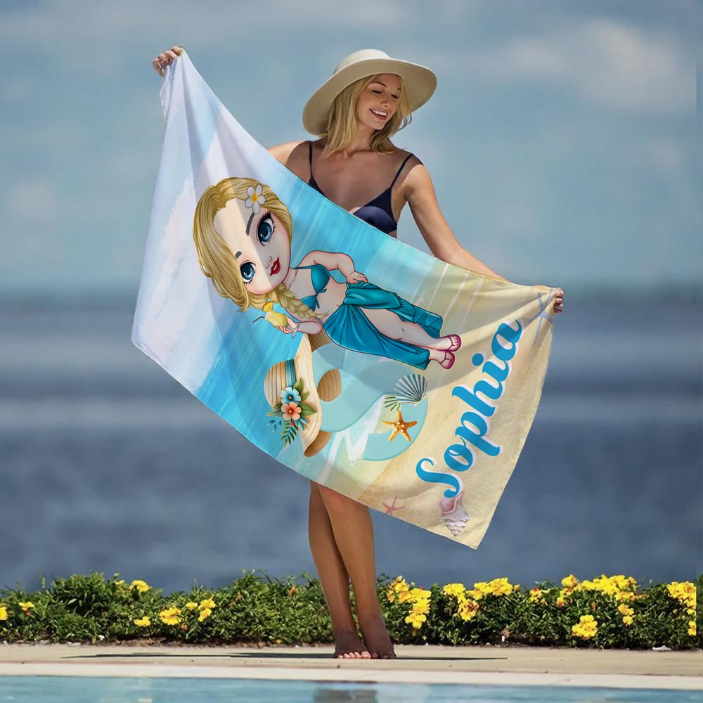 Personalisierte Cartoon-Charakter überdimensioniert schnell trocknen Strandtuch mit Namen und Strohhut Initial Sommer Essentials Geburtstagsgeschenk für Familienmitglieder 5